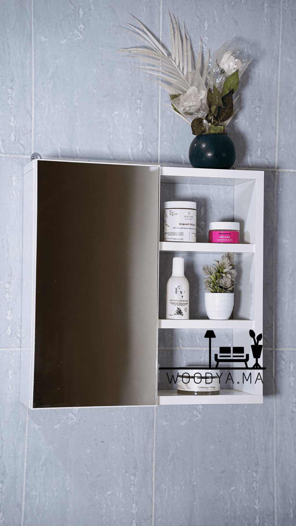 مرآة حمام عملية بباب هيدروليك ورفوف خشبية – مرآة + صيدلية + منظم في قطعة واحدة