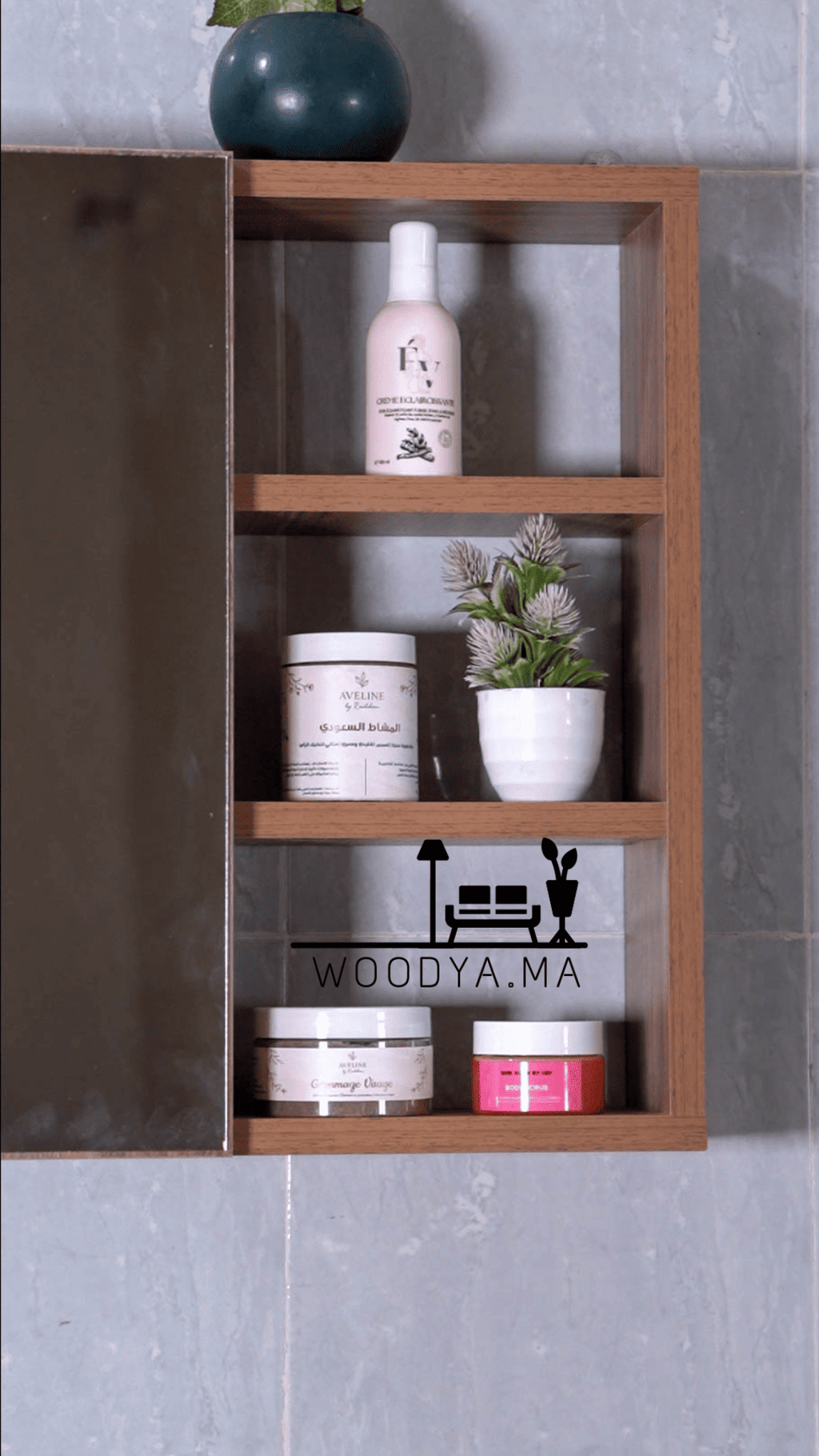 مرآة حمام عملية بباب هيدروليك ورفوف خشبية – مرآة + صيدلية + منظم في قطعة واحدة