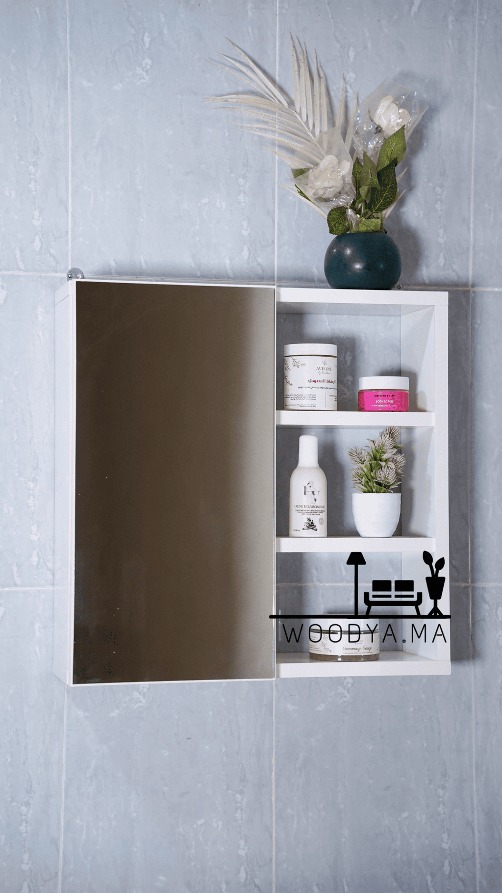 مرآة حمام عملية بباب هيدروليك ورفوف خشبية – مرآة + صيدلية + منظم في قطعة واحدة