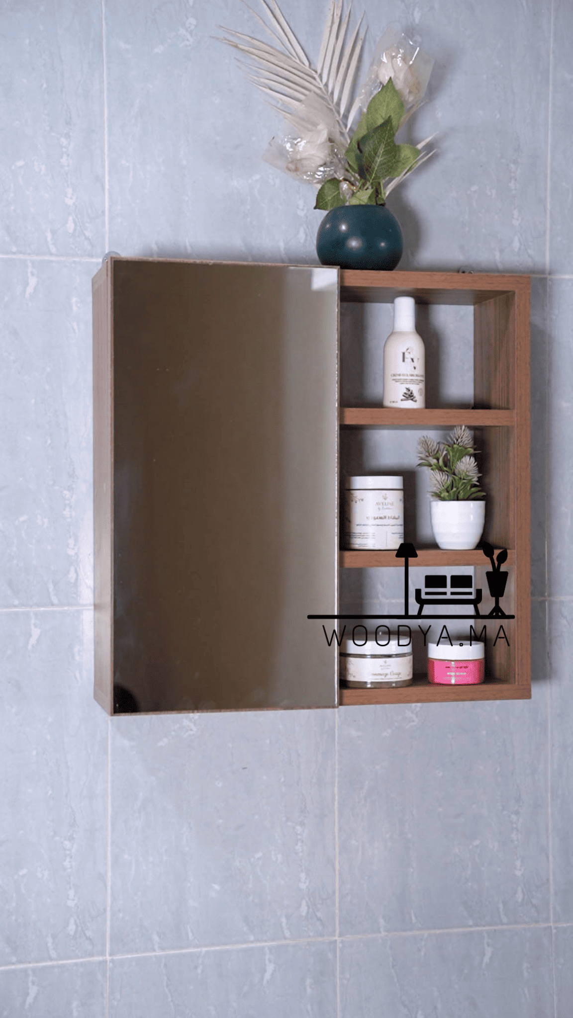 مرآة حمام عملية بباب هيدروليك ورفوف خشبية – مرآة + صيدلية + منظم في قطعة واحدة